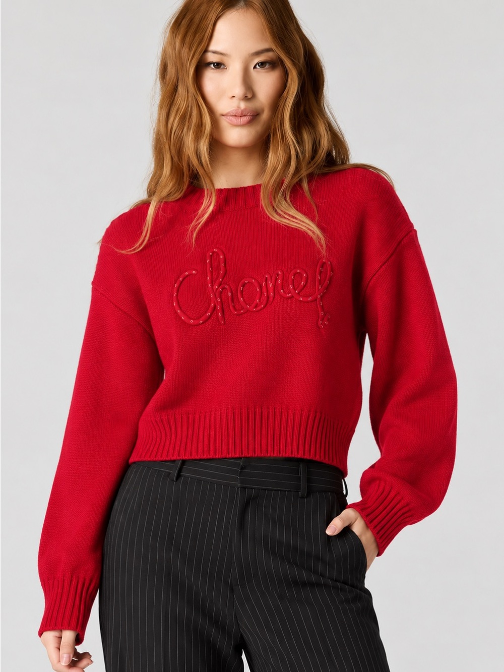 Red Embroidered Crewneck Sweater